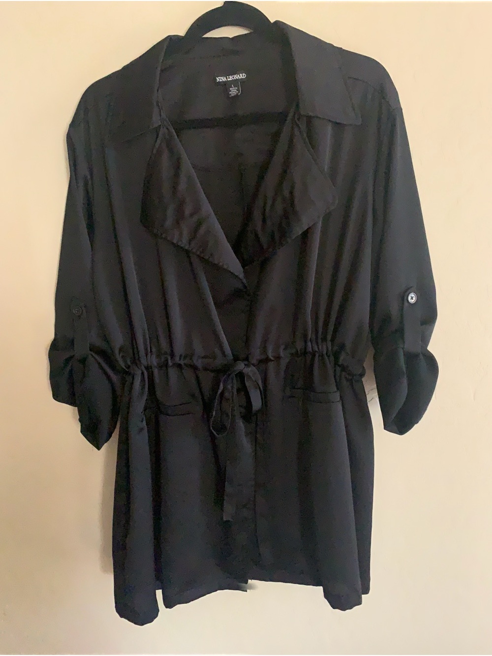 Nina Leonard Black Drawstring Waist Tunic Jacket Trench Size L
